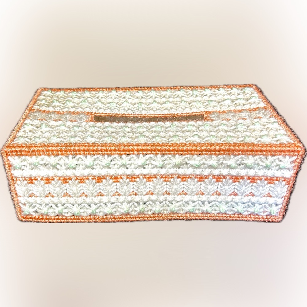 Vintage Needlepoint Rectangular Tissue Box Cover Peach White Green